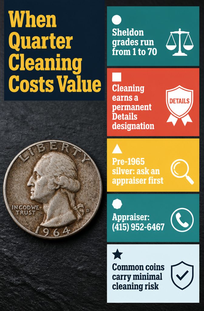 How to Clean Quarters: 6 Steps to Remove Dirt Safely 2 Information graphic about how cleaning affects a quarter's collector value