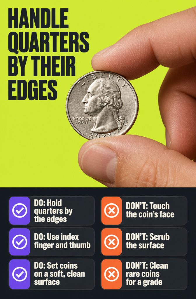 How to Clean Quarters: 6 Steps to Remove Dirt Safely 9 Hands holding a quarter by its rim between thumb and index finger