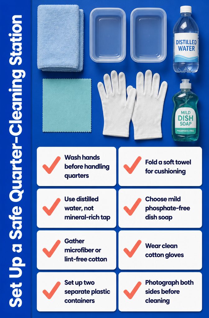 How to Clean Quarters: 6 Steps to Remove Dirt Safely 3 Quarter-cleaning station with containers and supplies arranged on a towel