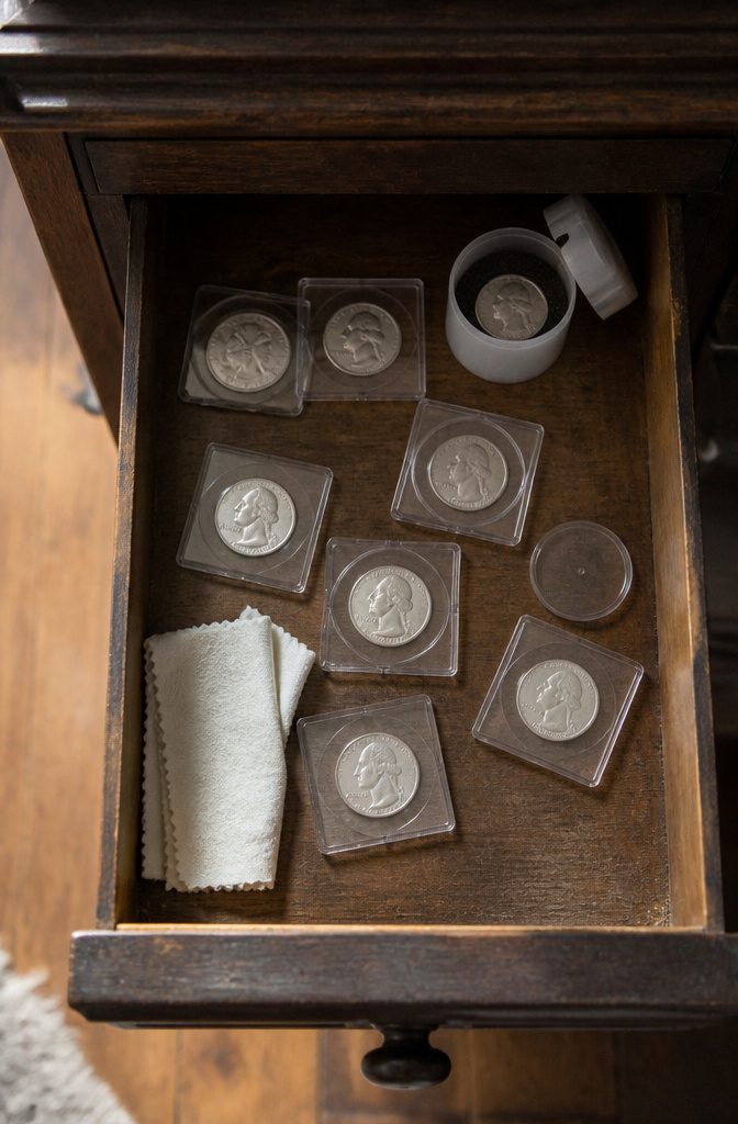 How to Clean Quarters: 6 Steps to Remove Dirt Safely 7 Clean quarter beside a protective coin holder in a dry storage area