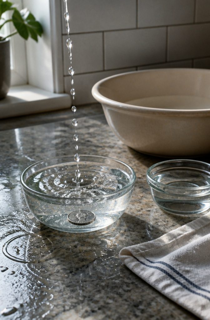 How to Clean Quarters: 6 Steps to Remove Dirt Safely 5 Silver-colored quarter beneath clear water in a shallow glass bowl beside a ceramic basin