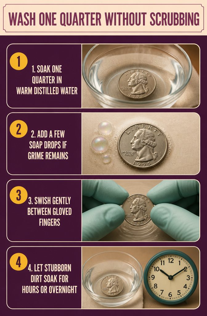 How to Clean Quarters: 6 Steps to Remove Dirt Safely 4 Quarter in warm distilled water with gloved fingers nearby