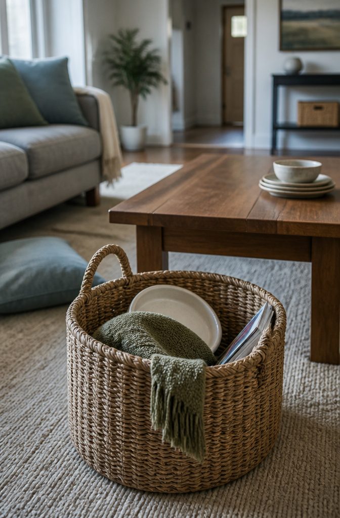 Basket of household items beside a cleared counter and floor
