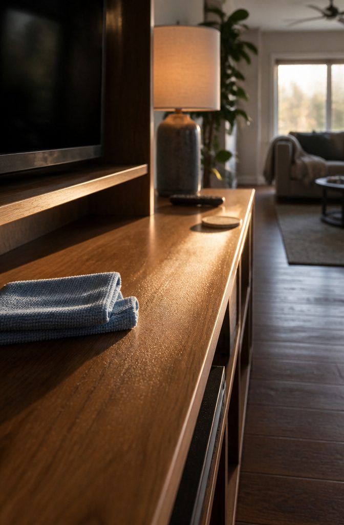 Wooden entertainment shelf with a wiped band and folded microfiber cloth