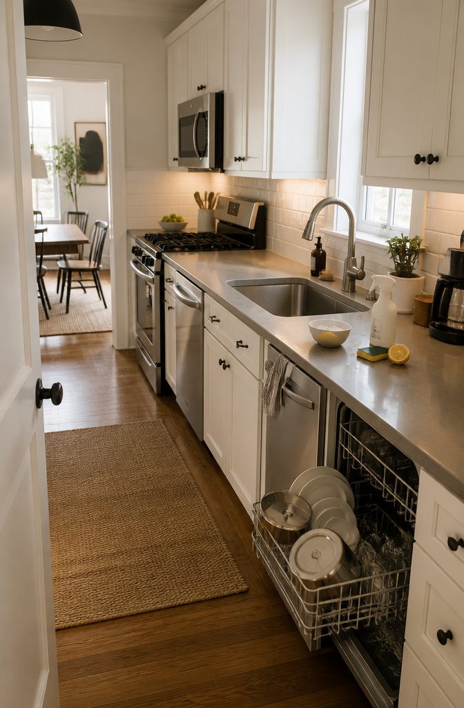 Kitchen sink and counters cleared for a quick wipe
