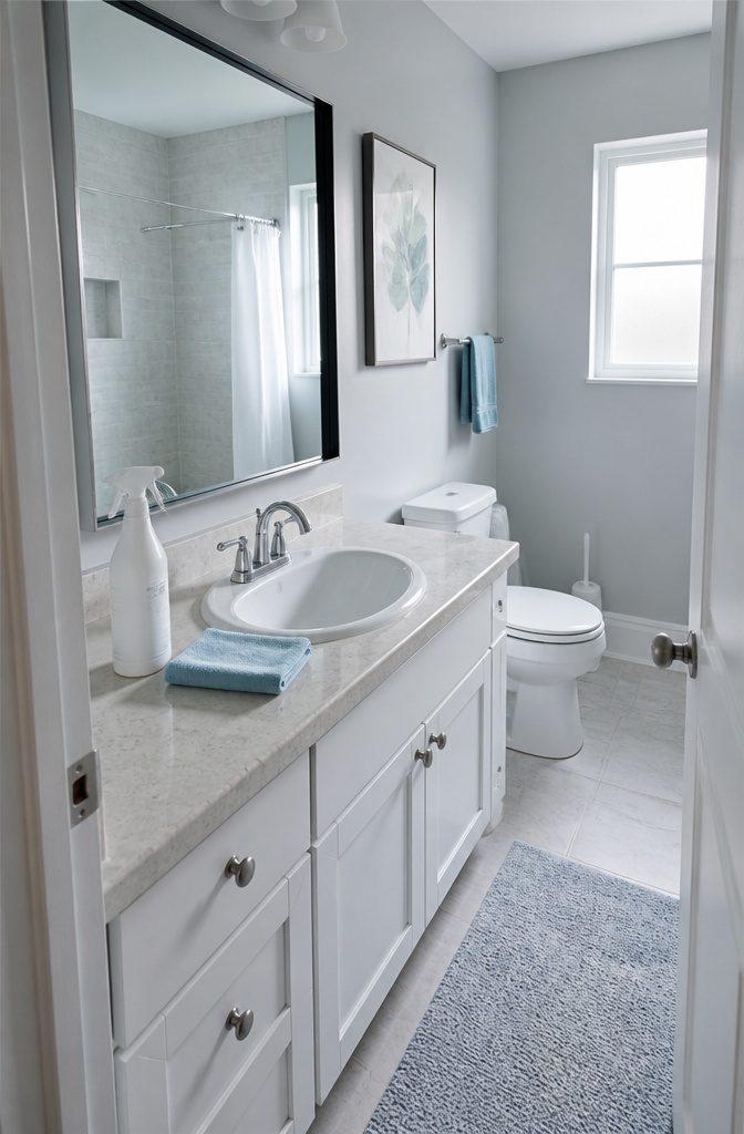 Bathroom sink with spray bottle and folded microfiber cloth