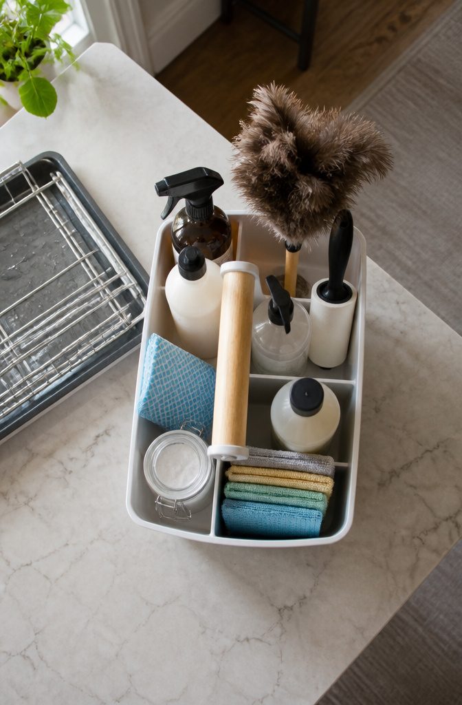 Cleaning caddy stocked with cloths and spray bottles