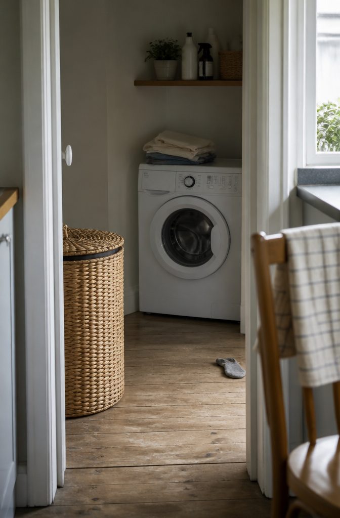 Folded everyday clothes beside a woven hamper and washing machine