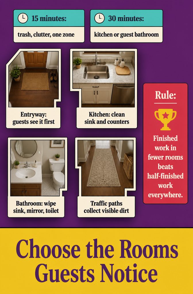 Home cleaning infographic highlighting the entryway kitchen and bathroom
