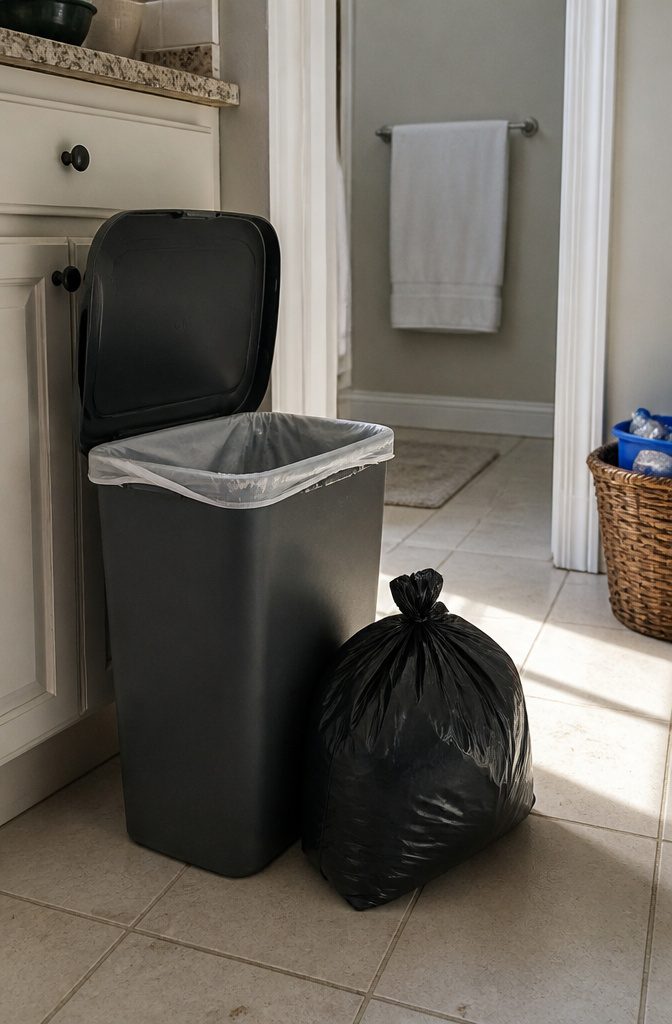 Kitchen bin with fresh liner beside a tied trash bag and bathroom towel