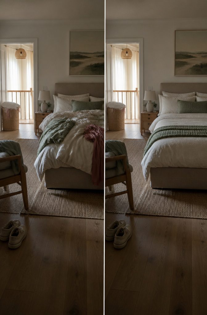 Bedroom with a neatly made bed and fluffed pillows