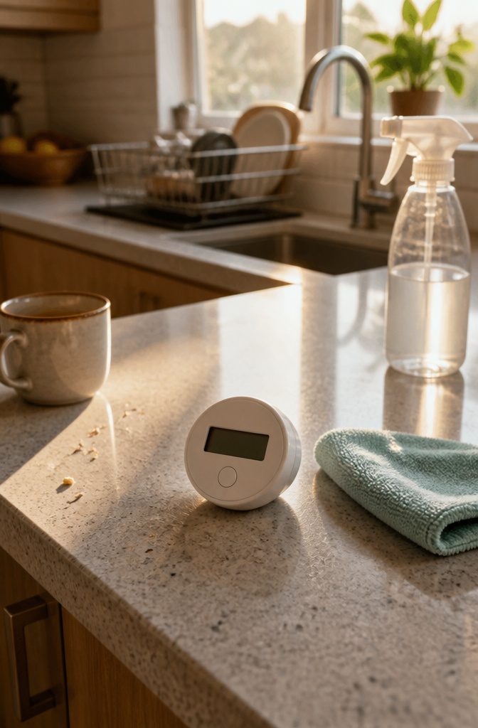 Timer set beside household cleaning supplies