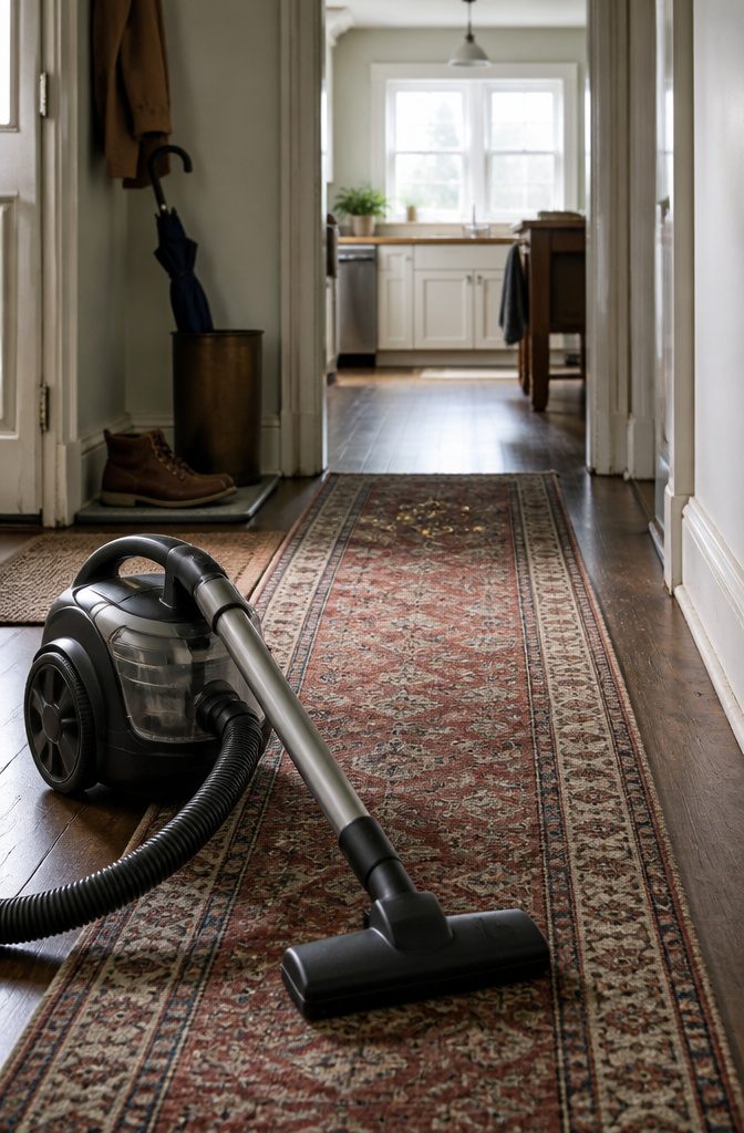 Vacuum cleaner beside a high-traffic floor path