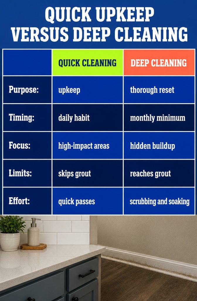 Home cleaning infographic comparing quick upkeep with deep cleaning