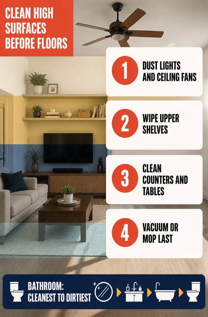 Home cleaning infographic showing high surfaces cleaned before floors