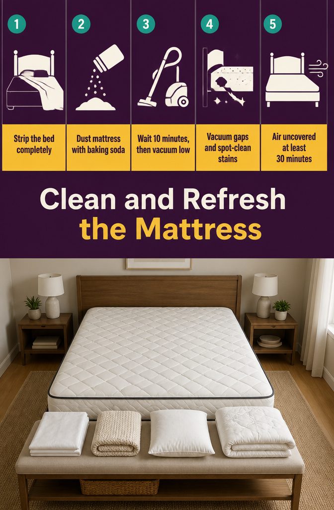 How to Clean a Room Step by Step: Complete Checklist 7 Bare mattress dusted with baking soda beside a vacuum