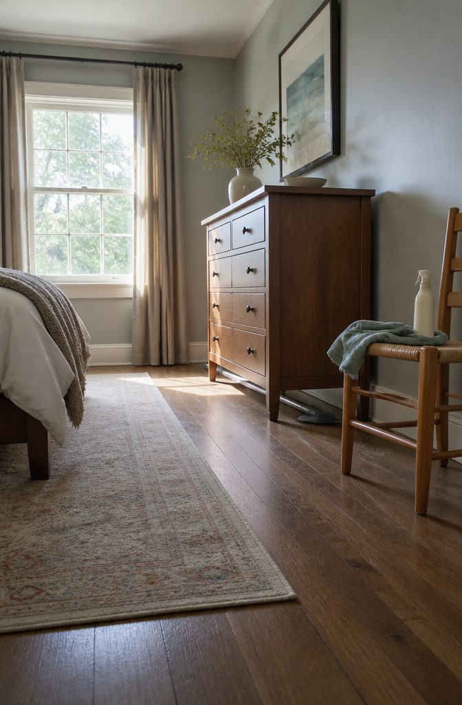 How to Clean a Room Step by Step: Complete Checklist 8 Bedroom furniture moved from the wall with exposed baseboards and floor