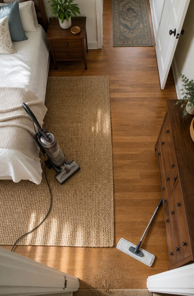 How to Clean a Room Step by Step: Complete Checklist 9 Vacuum cleaner beside a bed and a freshly mopped hard floor
