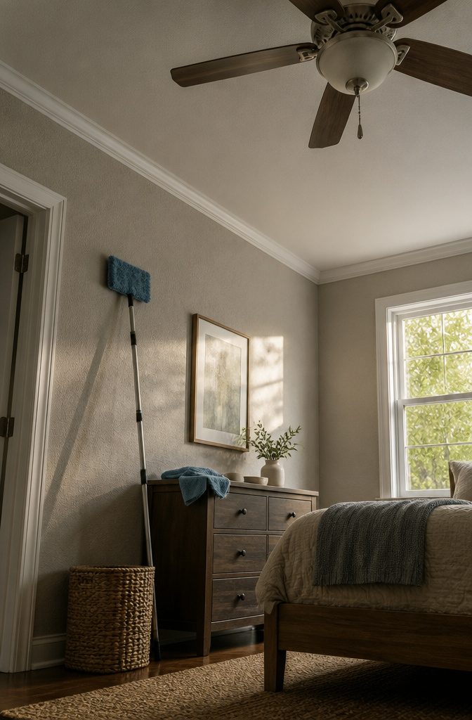 How to Clean a Room Step by Step: Complete Checklist 4 Extendable duster reaching into a ceiling corner