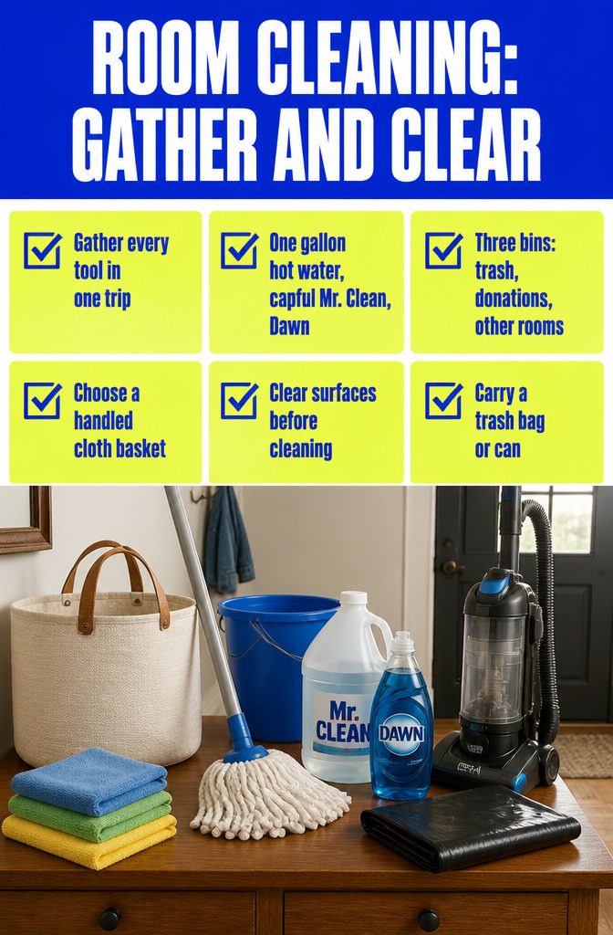 How to Clean a Room Step by Step: Complete Checklist 2 Cleaning tools beside bins for trash, donations, and items for other rooms