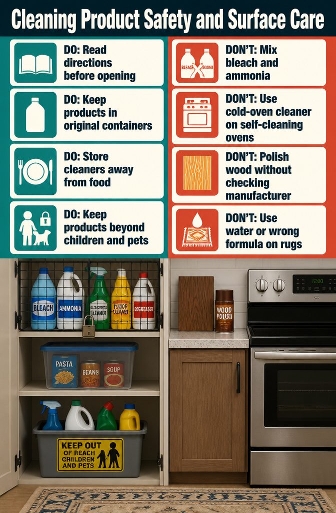 How to Clean a Room Step by Step: Complete Checklist 12 Labeled cleaning products stored apart beside microfiber cloths