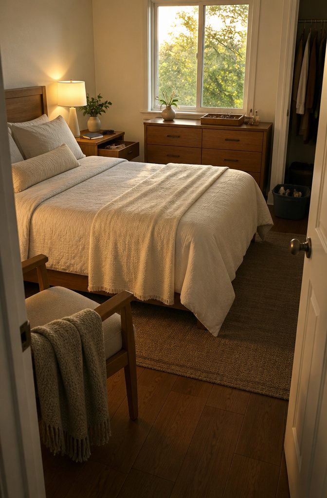 How to Clean a Room Step by Step: Complete Checklist 10 Made bed, dresser tray with small items, and cleaning caddy by closet