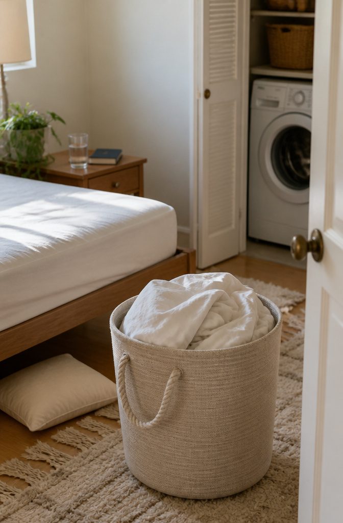 How to Clean a Room Step by Step: Complete Checklist 3 Bare bedroom mattress beside a hamper holding stripped bedding