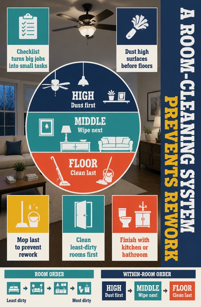 How to Clean a Room Step by Step: Complete Checklist 11 Room-cleaning checklist arranged beside a duster and vacuum