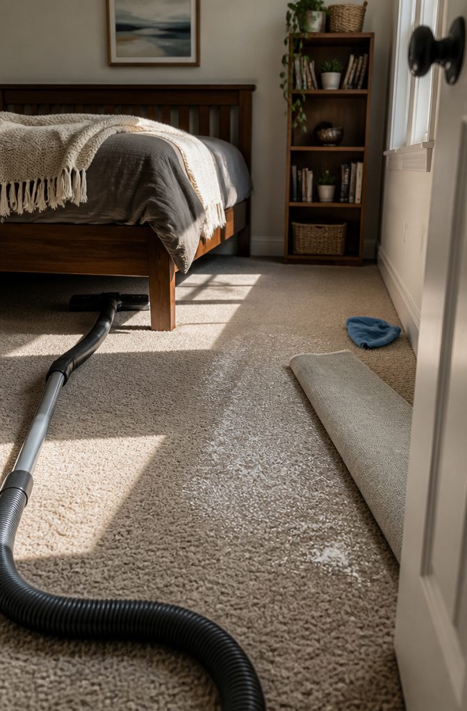 Vacuum head under bed beside baking soda on carpet and a rolled-back rug