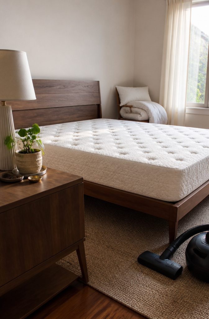 Bare mattress beside upholstery vacuum with folded bedding on a nearby chair