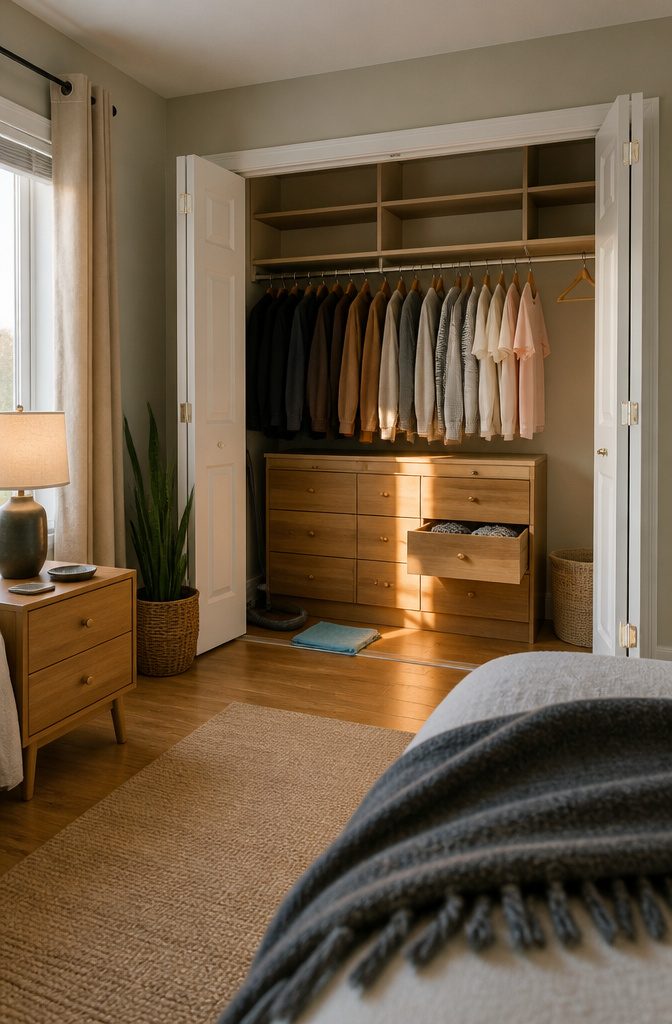 Open dresser drawers and closet with clothes removed and shelves exposed