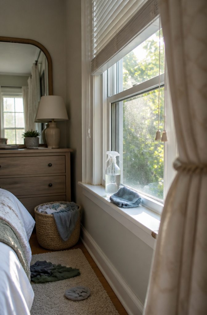 Bedroom window with vinegar spray and microfiber cloth beside dusty blinds and curtain