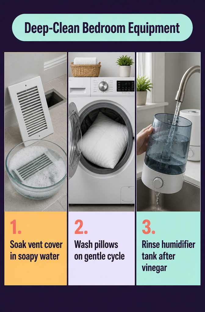 Bedroom cleaning infographic titled Deep-Clean Bedroom Equipment
