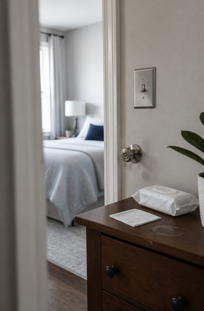 Bedroom doorway with door handle, light switch, wipe packet and folded wipe