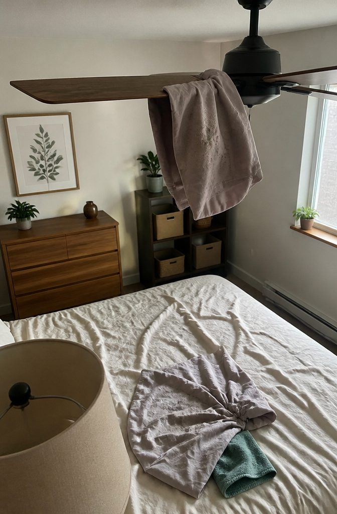 Ceiling fan blade partly covered by a pillowcase above a bed with dirty sheets
