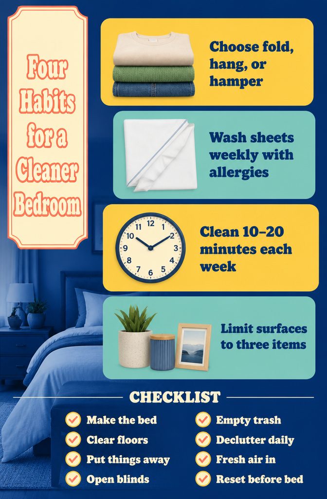Bedroom cleaning infographic titled Four Habits for a Cleaner Bedroom