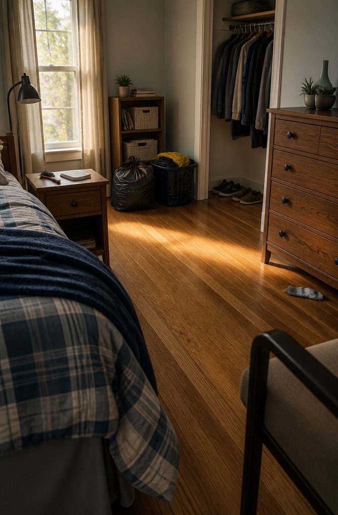 Bedroom floor and dresser cleared of clutter with clothes gathered for sorting