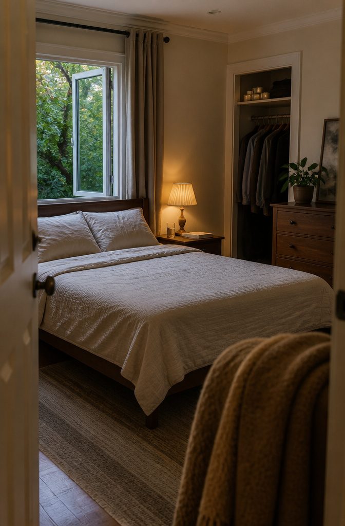 Made bed with clean sheets, glowing bedside lamp and open window