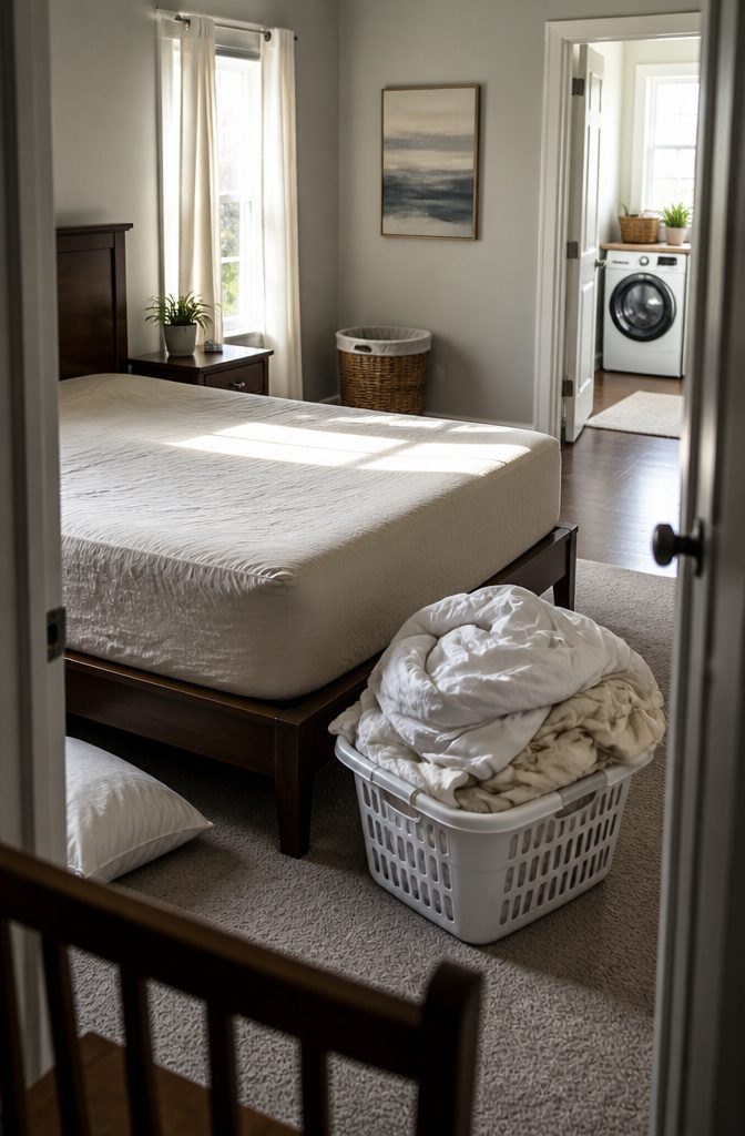 Bare mattress with fitted cover and bedding piled in a laundry basket