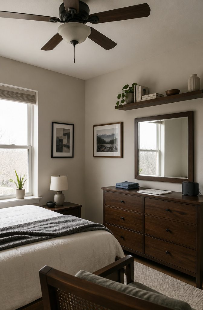 Bedroom with clean ceiling fan blades, dresser, nightstand, shelf, and windowsill