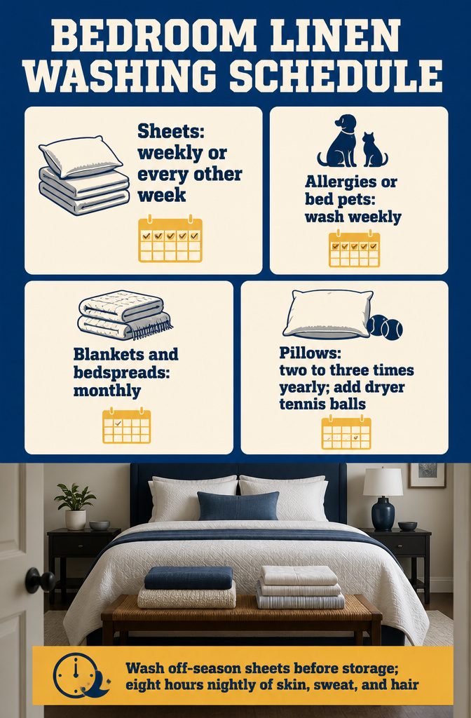 Bedroom linen washing schedule with entries for sheets blankets bedspreads and pillows
