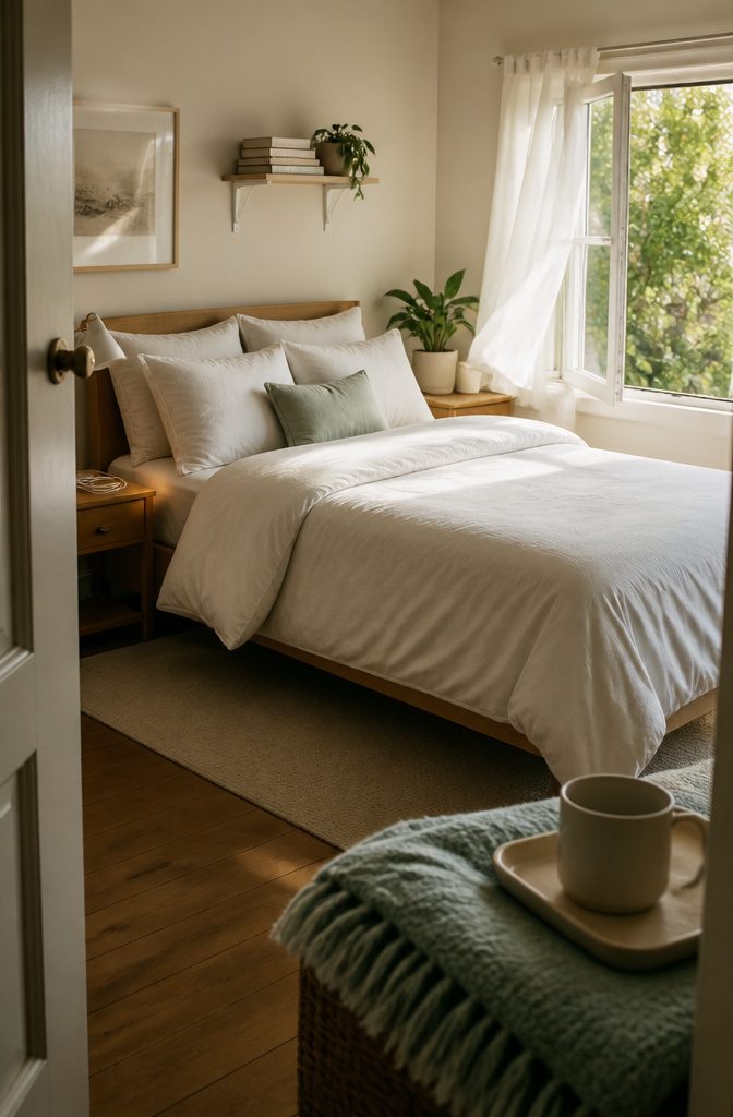 Bedroom interior photographed for a bed-making and room-reset article
