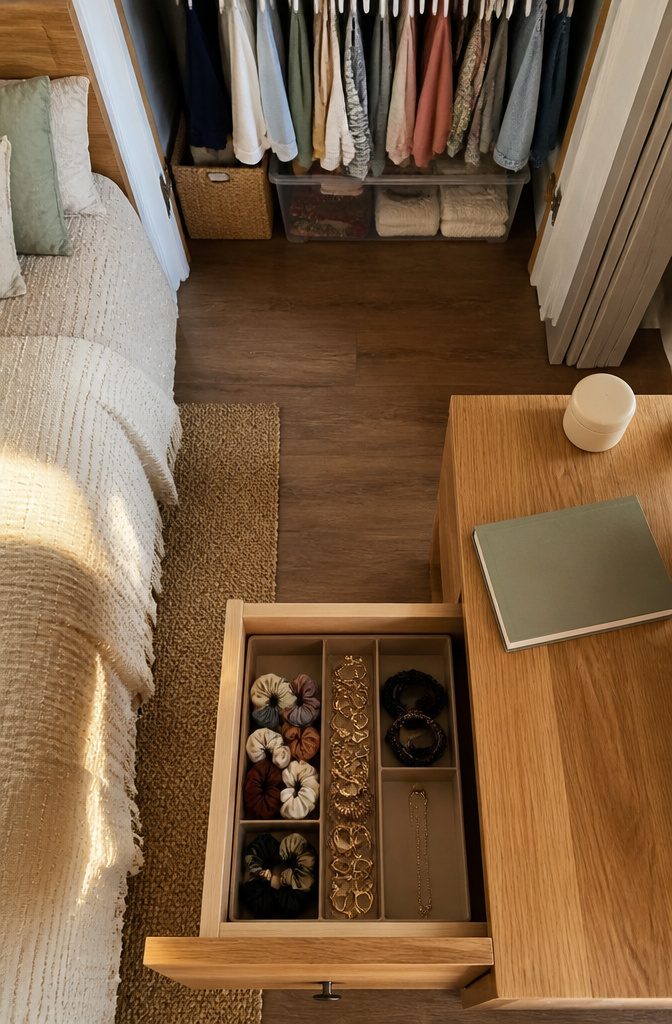 Bedroom interior photographed for a storage and organizing article