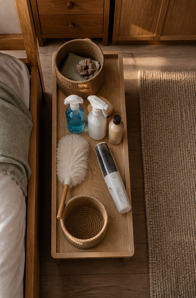 Bedroom interior photographed for a cleaning supplies article