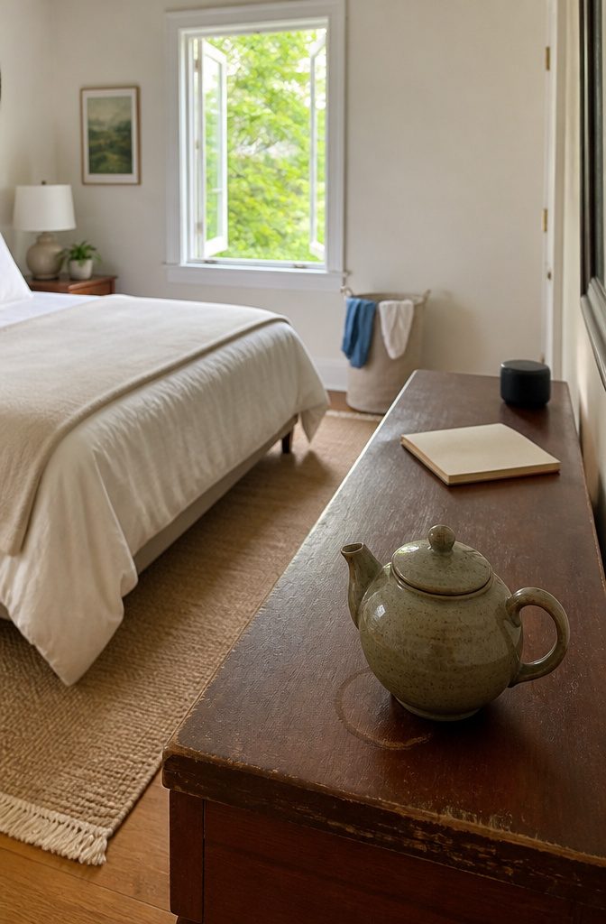 Bedroom with a single teapot on an antique dresser and a made bed