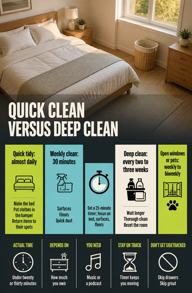 Quick Clean Versus Deep Clean chart for bedroom cleaning routines