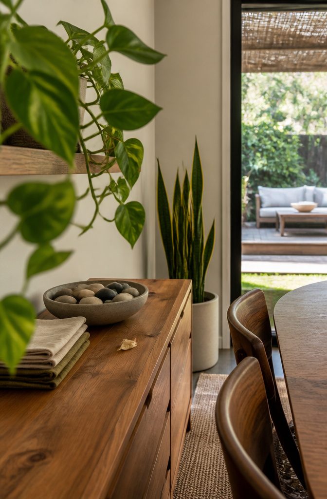 12 Ways to Decorate a Dining Room That Actually Work 12 Snake plant and trailing pothos beside dining room furniture