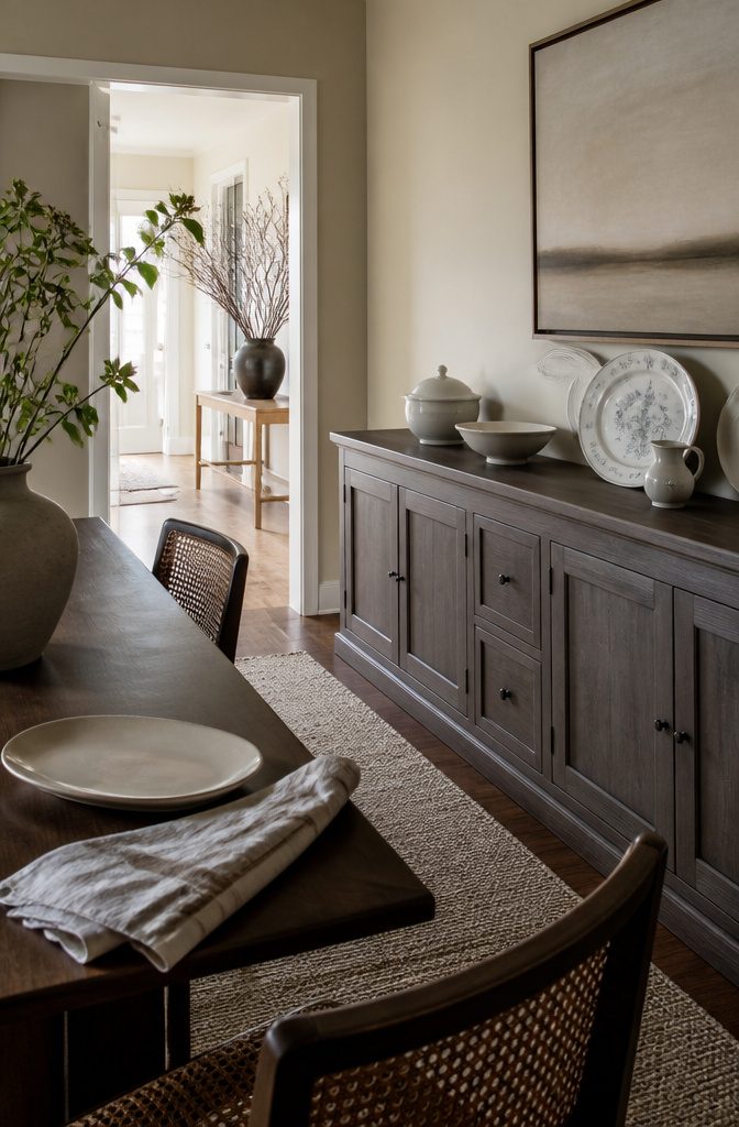 12 Ways to Decorate a Dining Room That Actually Work 6 Grayish-brown sideboard with closed cabinets and displayed ceramic pieces
