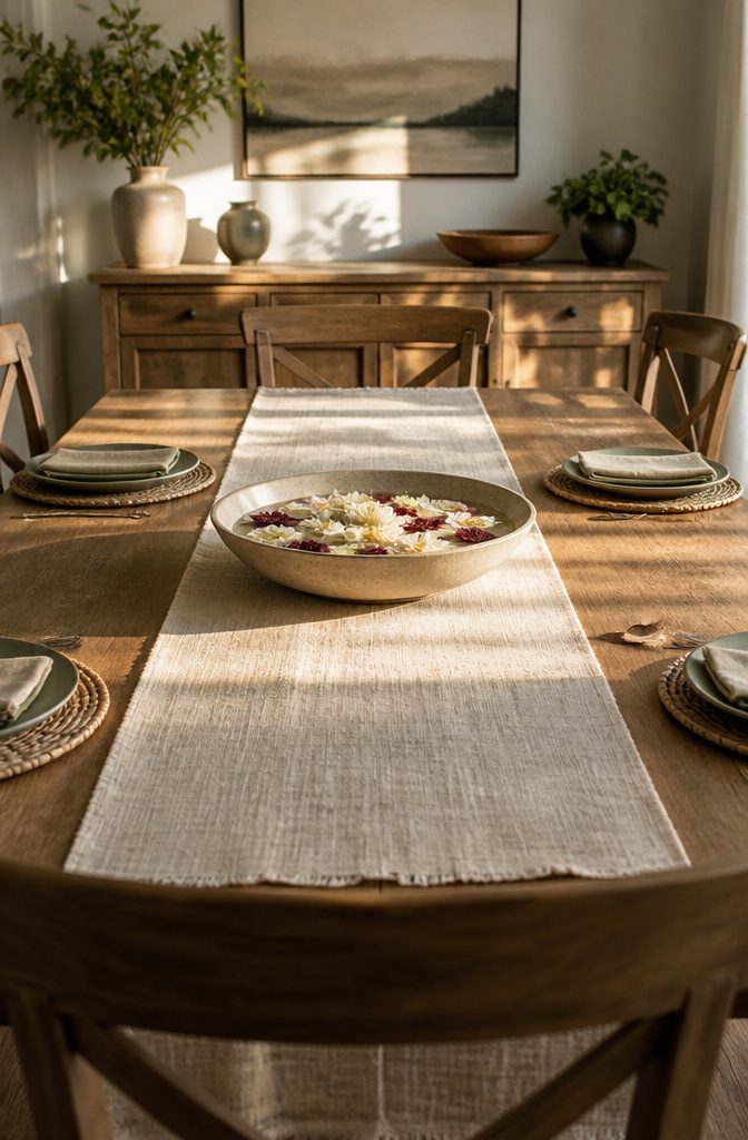 12 Ways to Decorate a Dining Room That Actually Work 9 Ceramic bowl with floating flowers on a linen runner