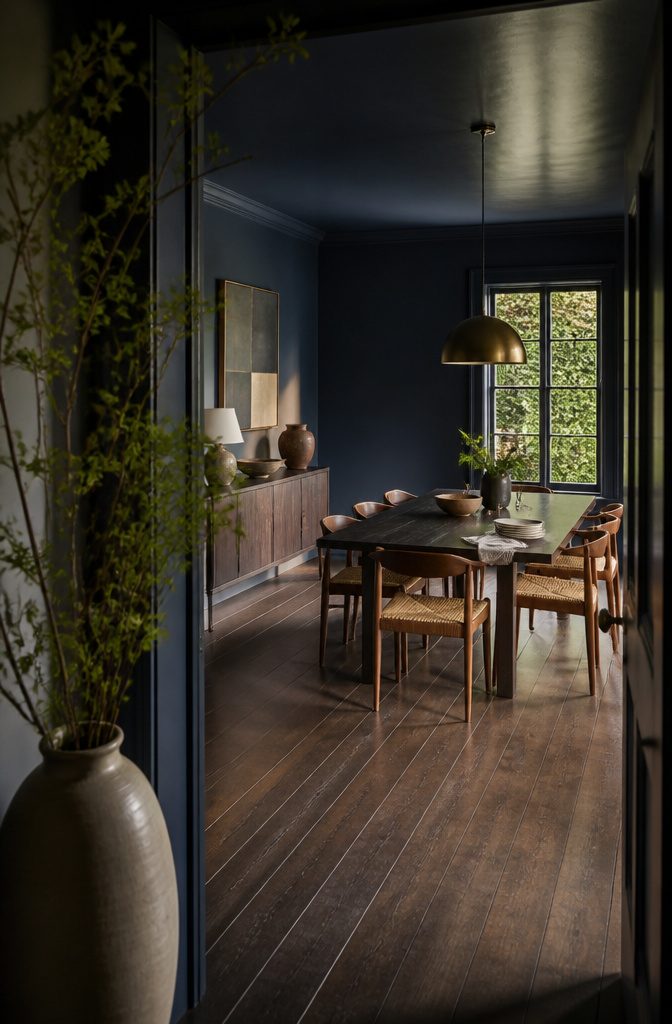 12 Ways to Decorate a Dining Room That Actually Work 5 Dining room with dark painted walls and a set dining table